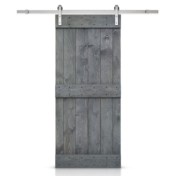 CALHOME Mid-Bar 24 in. x 84 in. Gray Stained Knotty Pine Wood Interior Sliding Barn Door with Hardware Kit
