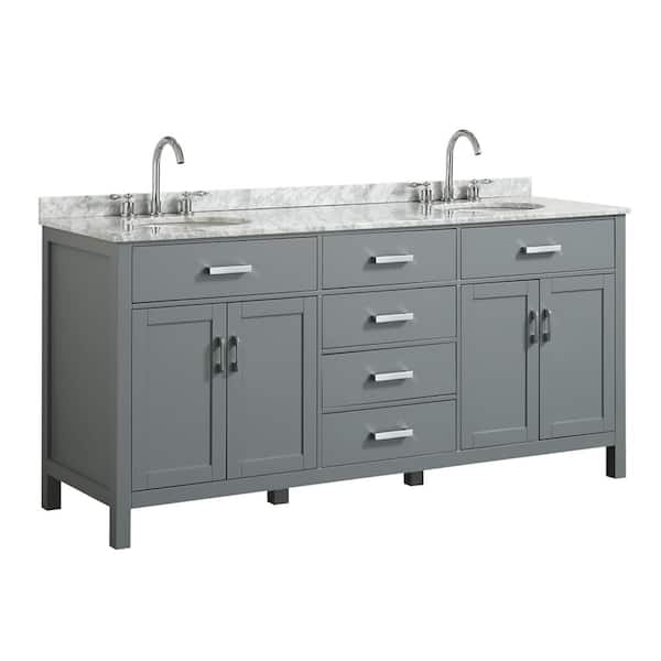 BEAUMONT DECOR Hampton 73 in. W x 22 in. D Bath Vanity in Grey with Marble Vanity Top in White