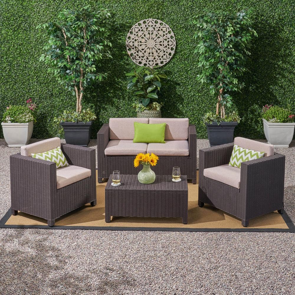 4-Piece Wicker Outdoor Patio Conversation Furniture Set with Coffee Table a