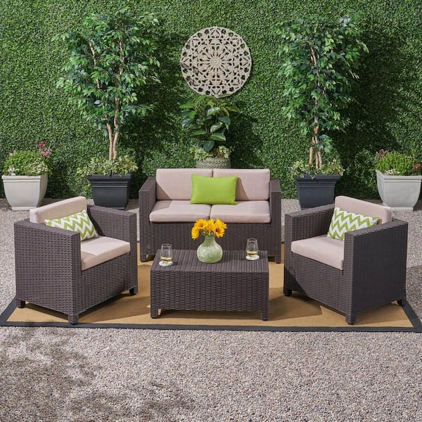 Unbranded 4-Piece Wicker Outdoor Patio Conversation Furniture Set with Coffee Table and Dark Beige Cushions for Backyard, Balcony
