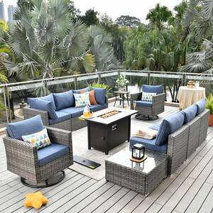 Messi Gray 11-Piece Wicker Patio Conversation Sectional Sofa Fire Pit Set with Swivel Chairs and Denim Blue Cushions