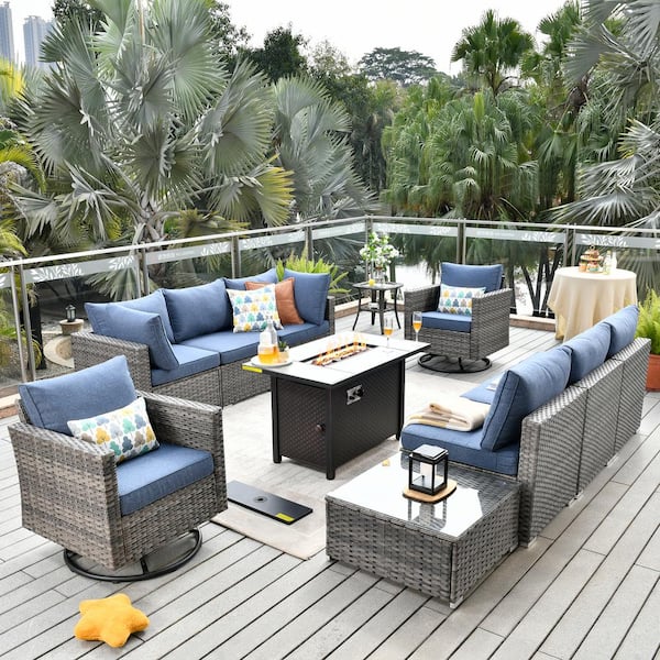 HOOOWOOO Messi Gray 11-Piece Wicker Patio Conversation Sectional Sofa Fire Pit Set with Swivel Chairs and Denim Blue Cushions