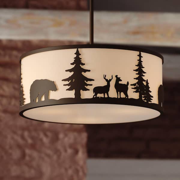 VAXCEL Acadia 3-Light Bronze Rustic Pendant Light White Linen Bear Deer Tree