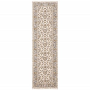 Ivory and Blue 2 ft. x 8 ft. Oriental Power Loom Stain Resistant Fringe with Runner Rug