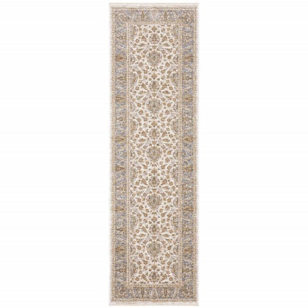 HomeRoots Ivory and Blue 2 ft. x 8 ft. Oriental Power Loom Stain Resistant Fringe with Runner Rug