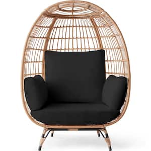 Oversized Egg Wicker Indoor Outdoor Lounge Chair with Black Cushions, Steel Frame, 440 lbs. Capacity