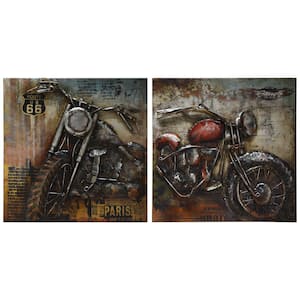 "Motorcycle" Mixed Media Iron Hand Painted Dimensional Wall Art (Set of 2)