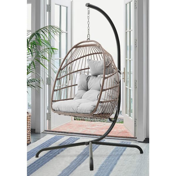 Gray Egg-Shaped Detachable Hanging Chair with Three-Dimensional Cushion Adjustable Pillow and X-Shaped Base for Backyard Garden Park 
