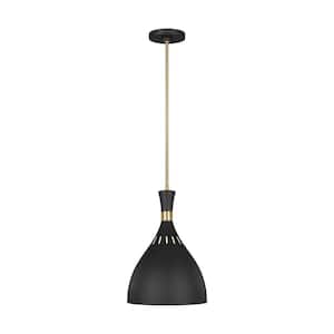 Joan Large 12 in. W 1-Light Matte Black and Burnished Brass Pendant