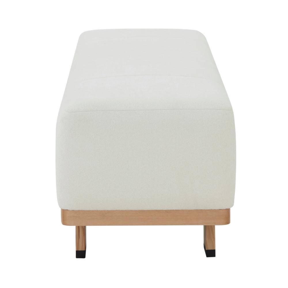 Ivory Boucle Upholstered Bench with Ash Wood Base, 59"