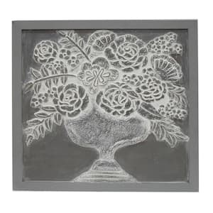 Gray and White Wooden Framed Carved Flower Vase Design Wall Art Panel