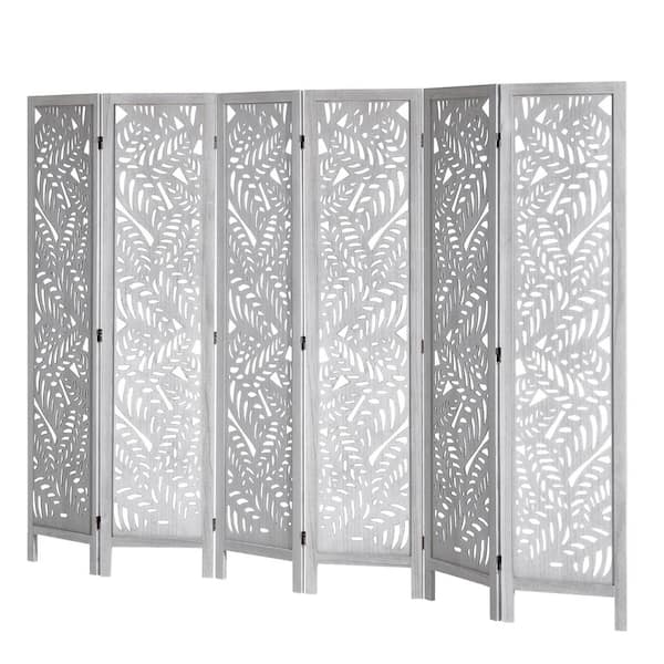 Wood Room Divider, 6 Panel Folding Privacy Screen, 66.9 in. Tall Carved Partition for Room Separation, Decoration White