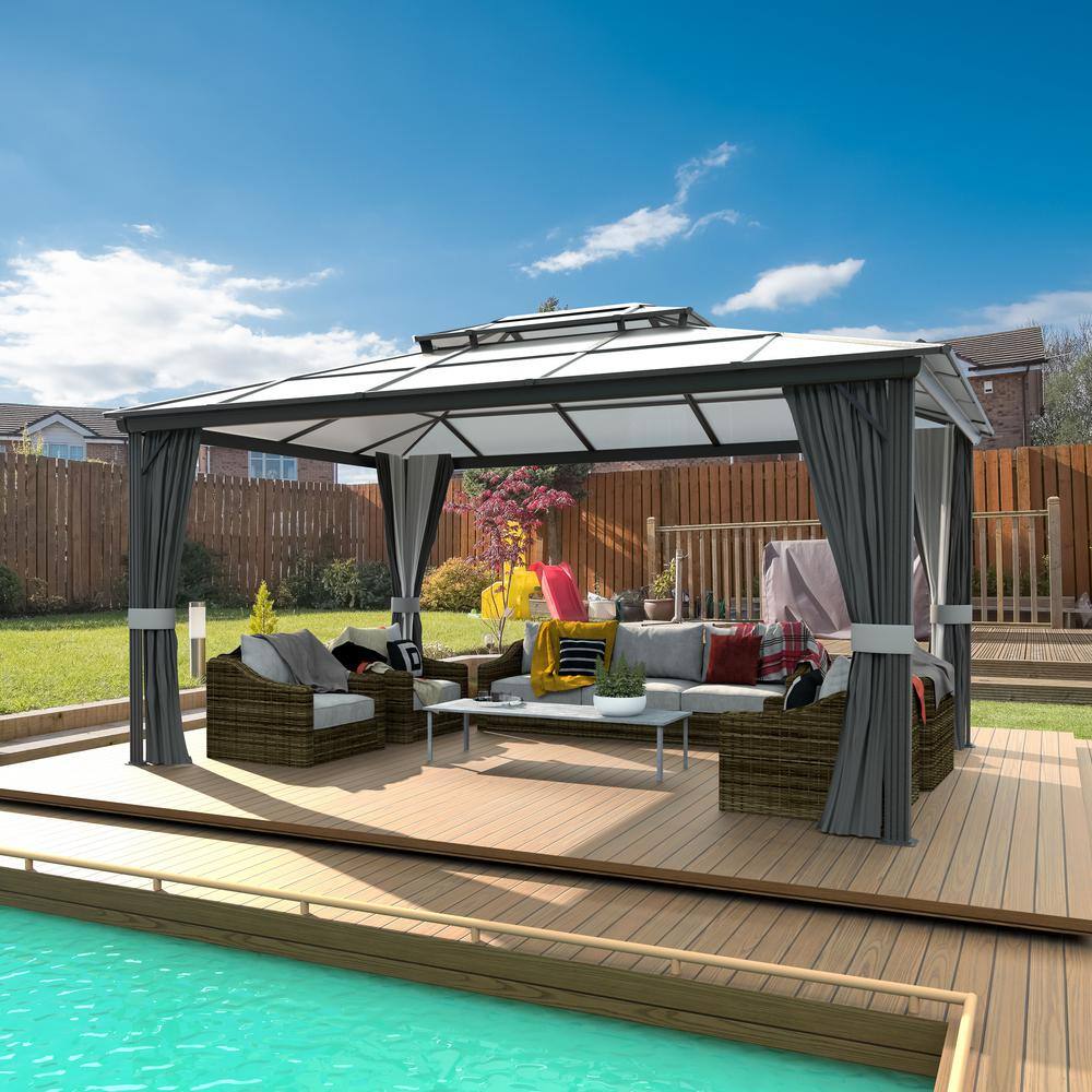 16' x 12' Black Aluminum Patio Gazebo with Curtains