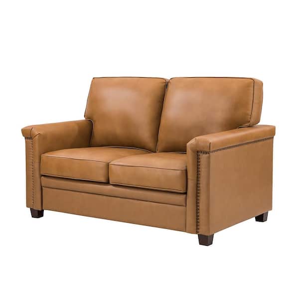 ARTFUL LIVING DESIGN Samuel 56 in. Wide Camel Leather Rectangle 2-Seat Sofa with Solid Wooden Legs