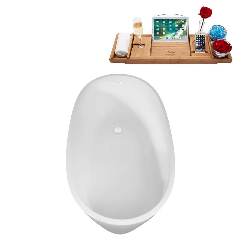 51" Glossy White Acrylic Freestanding Soaking Bathtub with Bamboo Tray