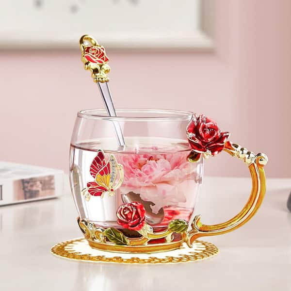 Wudkey Handmade 12 oz. Butterfly and Red Rose 3D Enamel Glass Mug with Spoon, Red Glass Coffee Cup, Gift for Women