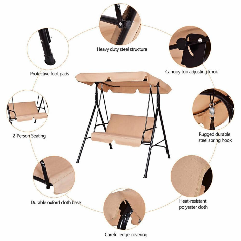 Beige Steel Frame 2-Person Patio Swing with Cushions
