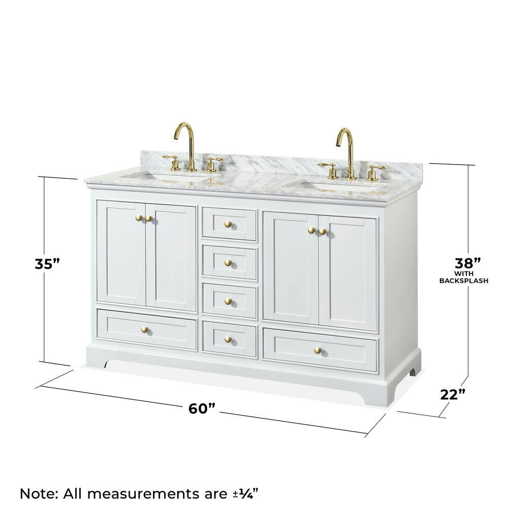Deborah 60" White and Gold Double Bathroom Vanity with Marble Top
