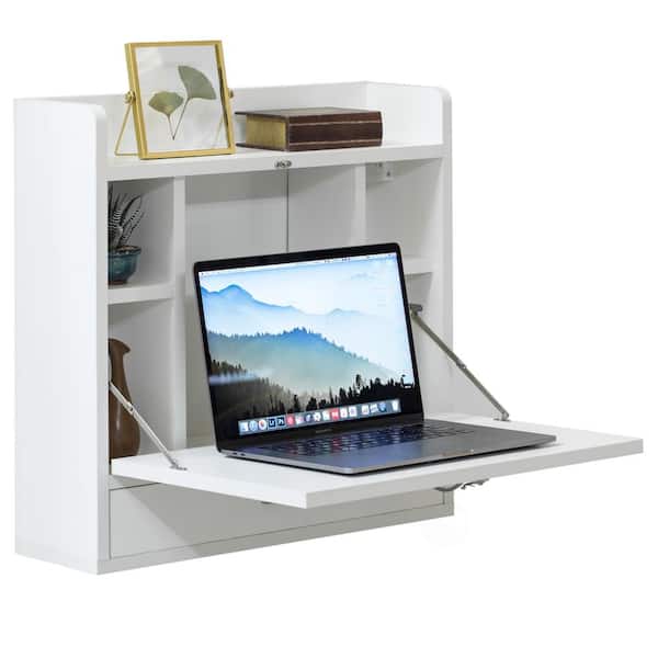6.75 in. Rectangular White Wood 1-Drawer Laptop Desk With Wall Mount Folding Features