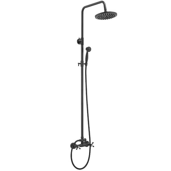 HOMEMYSTIQUE 2-Spray Wall Slid Bar Round Rain Shower Faucet with Hand Shower 2 Cross Handles Mixer Shower System Taps in Black