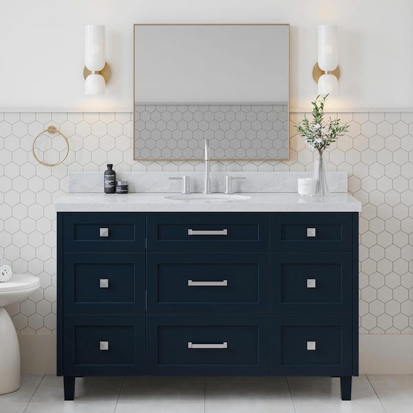 ARIEL Monroe 55 in. W x 22 in. D x 36 in. H Single Sink Bath Vanity in Midnight Blue with Italian Carrara Marble Top