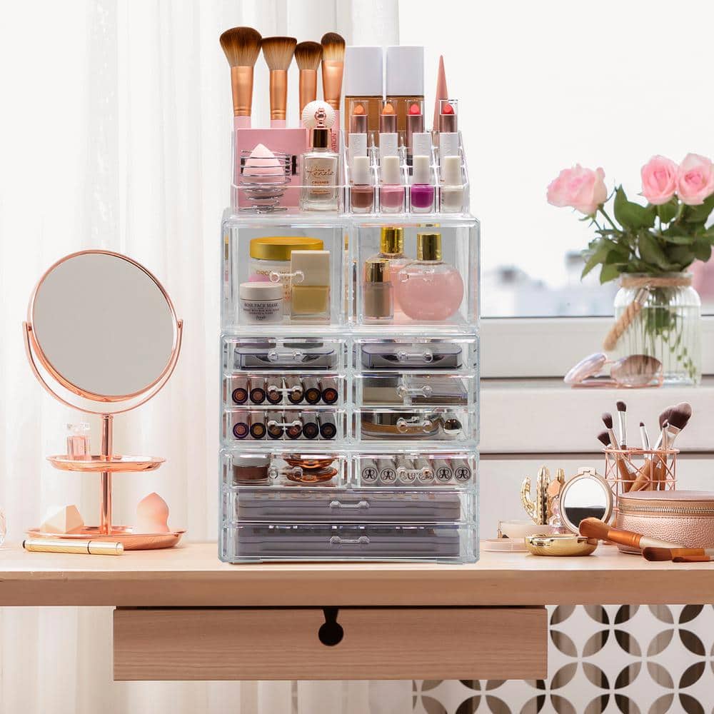 Marble and Clear Acrylic 12-Drawer Makeup Organizer Tower