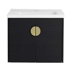 24 in. Wall Mounted Bath Vanity with Soft Close Doors and White Ceramic Top in Black