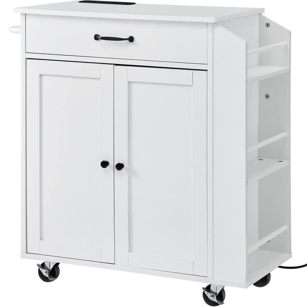 32 in. Kitchen Cart Natural Wood Top Mobile Storage with Power Outlet, Towel Bar, Shelf and Drawer, Rolling White