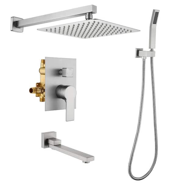 Satico Single-Handle 3-Spray Hand Shower Retractable Tub Faucet with 10 in. Rain Shower Heads in Brushed Nickel(Valve Included)