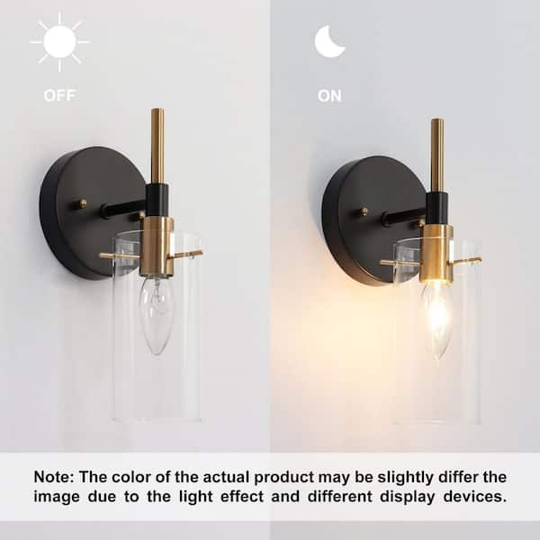 ZEVNI Z-47YV6RAY-4673 Modern 1-Light Brass Gold Wall Sconce, Black Vanity Light with Open Cylinder Clear Glass Shades Wall Light