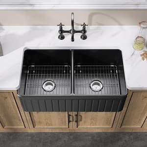33 in. Farmhouse/Apron-Front Double Bowls Matte Black Fireclay Kitchen Sink With Bottom Grids and Strainers