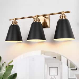 Modern 23 in. 3-Light Brushed Gold Vanity Light with Black Metal Shades