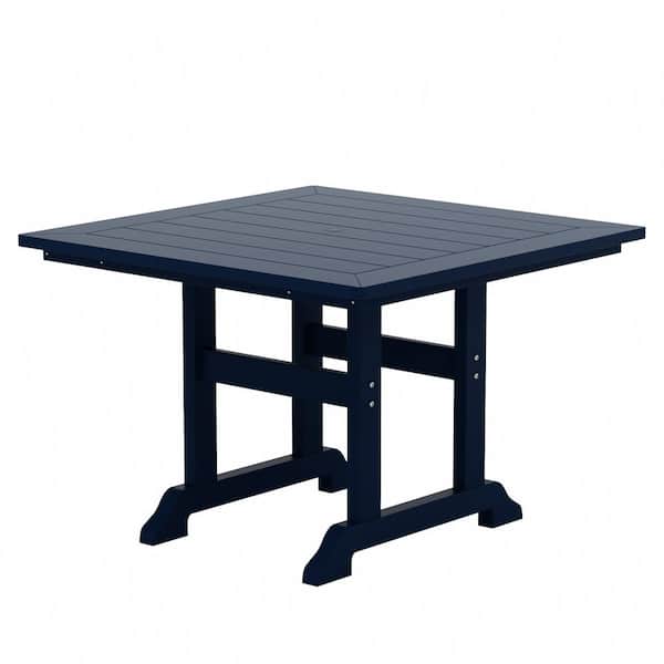 WESTIN OUTDOOR Hayes 43 in. All Weather HDPE Plastic Square Outdoor Dining Trestle Table with Umbrella Hole in Navy Blue