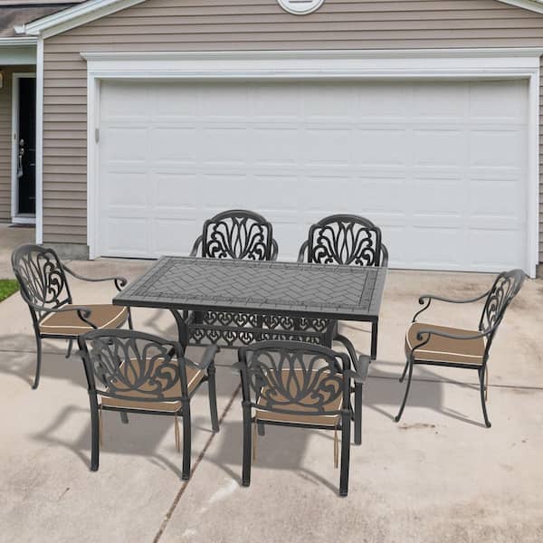 Willit Elizabeth 7-Piece Cast Aluminum Outdoor Dining Set with 59.05 in. x 35.43 in. Rectangular Table and Brown Cushion