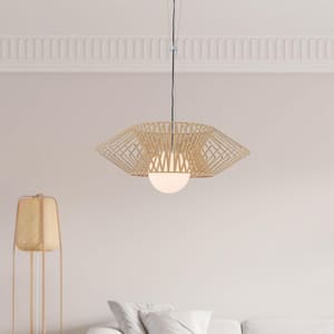 Frankfort 1-Light Wood Grain Basket Chandelier with White Glass Shade