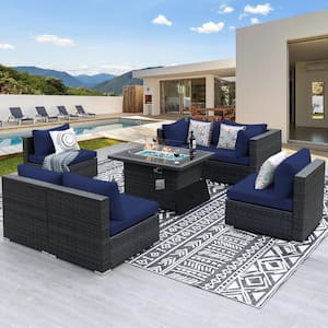 Modern 7-Piece Charcoal Wicker Patio Fire Pit Conversation Sectional Deep Seating Sofa Set with Navy Blue Cushions