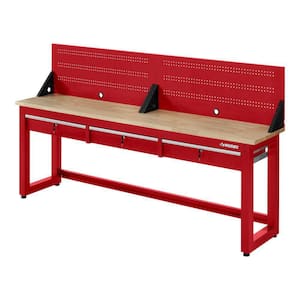 Ready-To-Assemble 8 ft. Solid Wood Top Workbench in Red with Pegboard and 3 Drawers