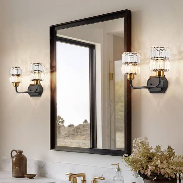 14.96 in. 2-Light Black and Brass Crystal Bathroom Vanity Light with Clear Crystal Shades for Bathroom