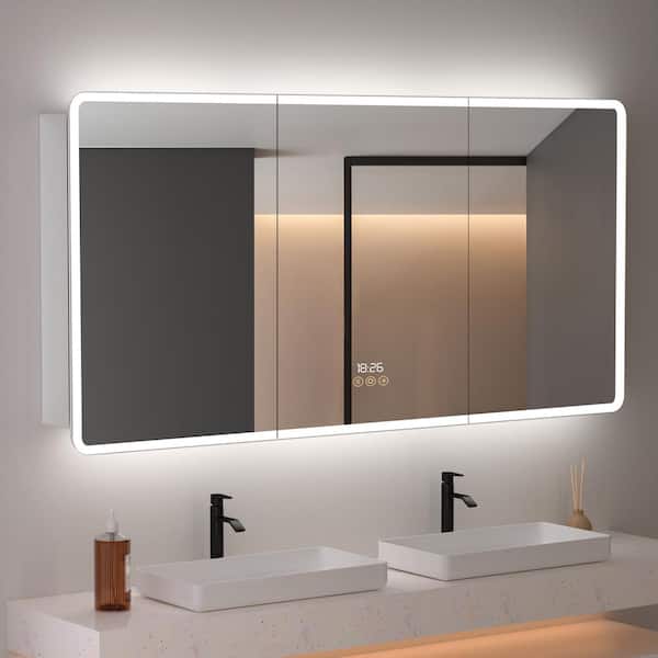 HBEZON Aura 60 in. W x 36 in. H Large Rectangular Aluminum Recessed/Surface Mount Dimmable Medicine Cabinet with Mirror
