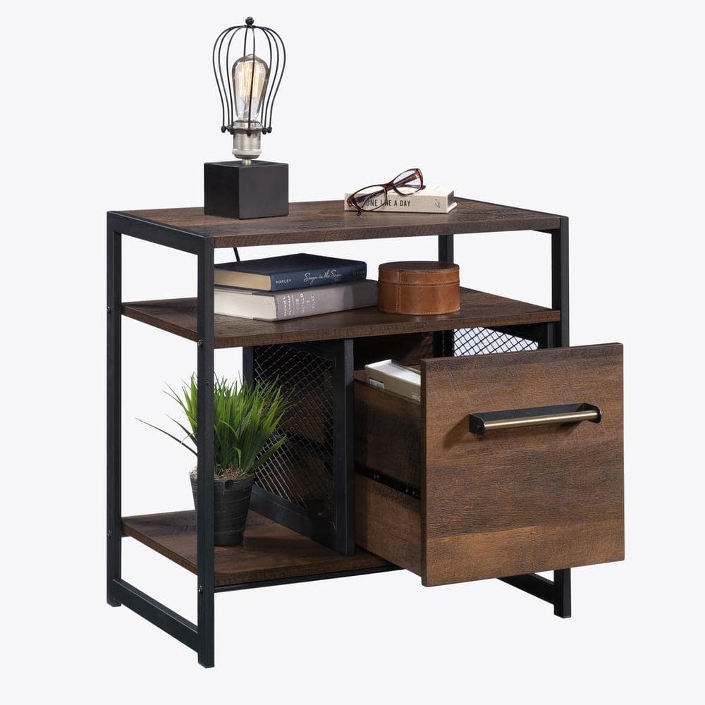 Barrel Oak and Metal Frame Nightstand with Drawer