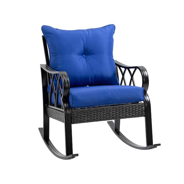 Sudzendf Black Metal Outdoor Rocking Chair with Blue Cushions