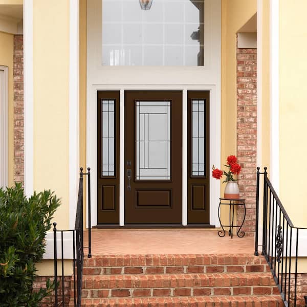 60 in. x 80 in. Right-Hand 3/4 Lite Decorative Glass Atherton Dark Chocolate Fiberglass Prehung Front Door w/Sidelites