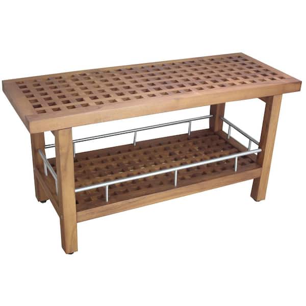 Patented 36 in. x 14 in. Grate Freestanding Teak and Stainless Shower Bench with Shelf Walk in Shower Seat