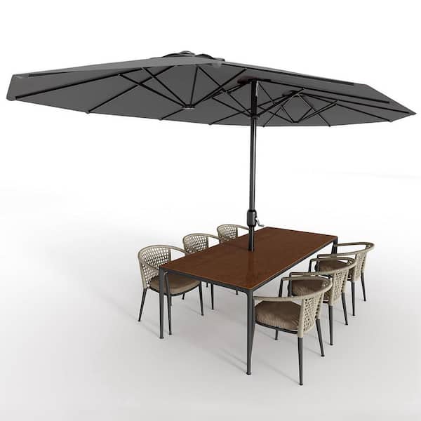 15 ft. Rectangular Outdoor Double-Sided Market Patio Umbrella with Crank Lift & Base in Gray