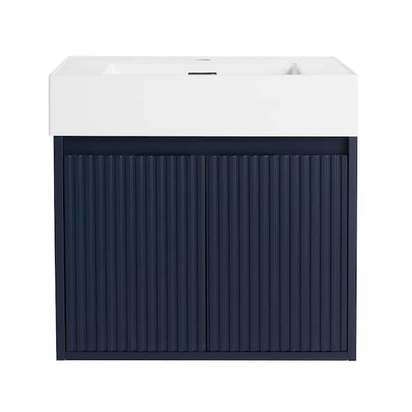 Boosicavelly 24 in. W Single Sink Wall Mounted Bath Vanity in Navy Blue with White Resin Top