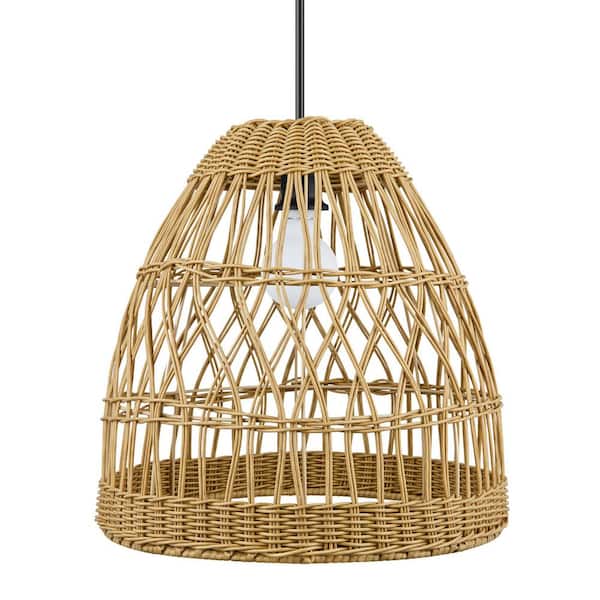 Hampton Bay Woods Bay 16 in. 1-Light Black Outdoor Hanging Light Pendant Light with Tan Resin Wicker Shade
