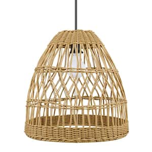Woods Bay 1-Light Black Outdoor Pendant Light with Tan Resin Wicker Shade