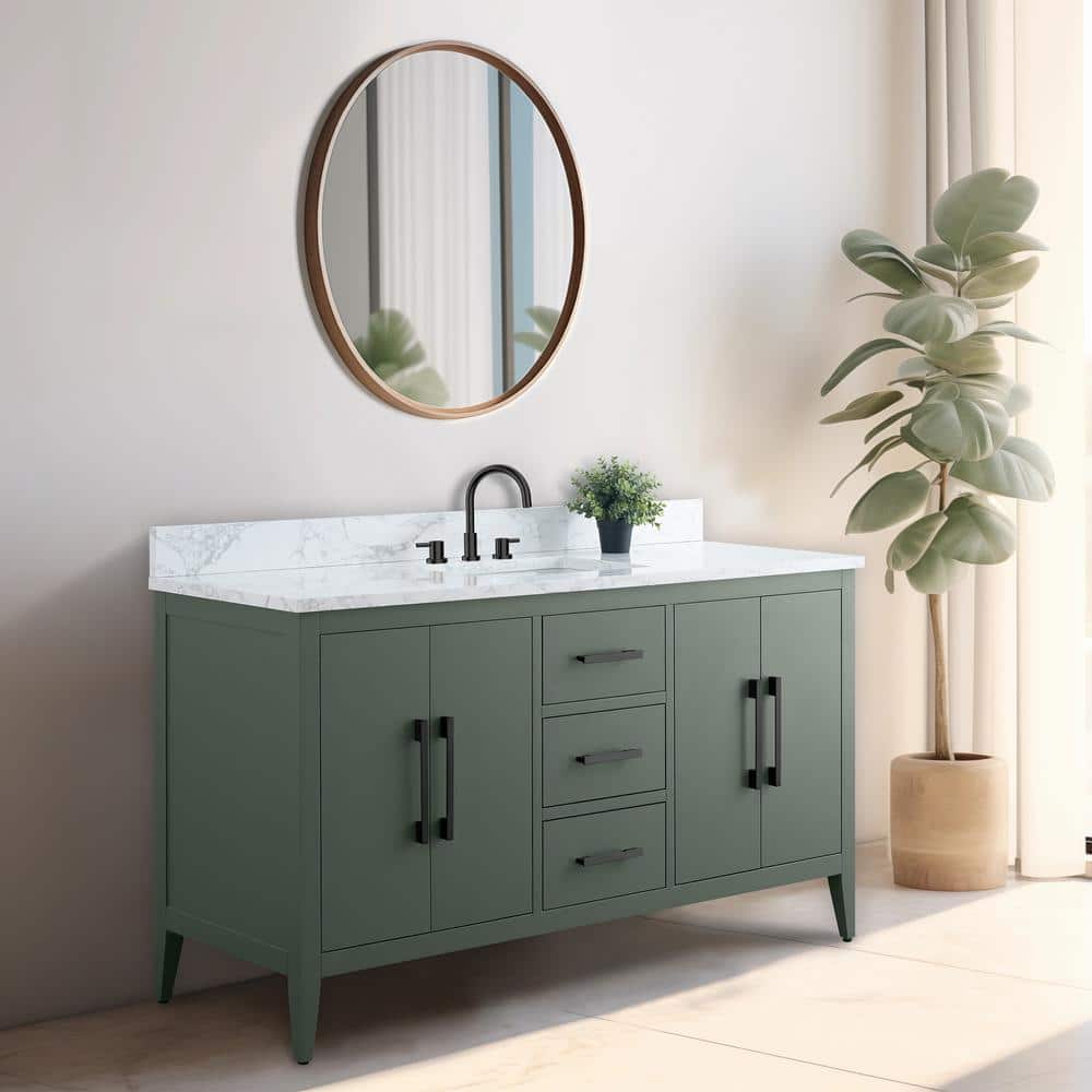 60'' Vintage Green MDF Single Sink Bathroom Vanity with White Marble Top