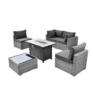 Sanibel Gray 6-Piece Wicker Outdoor Patio Conversation Sofa Sectional Set with a Metal Fire Pit and Black Cushions