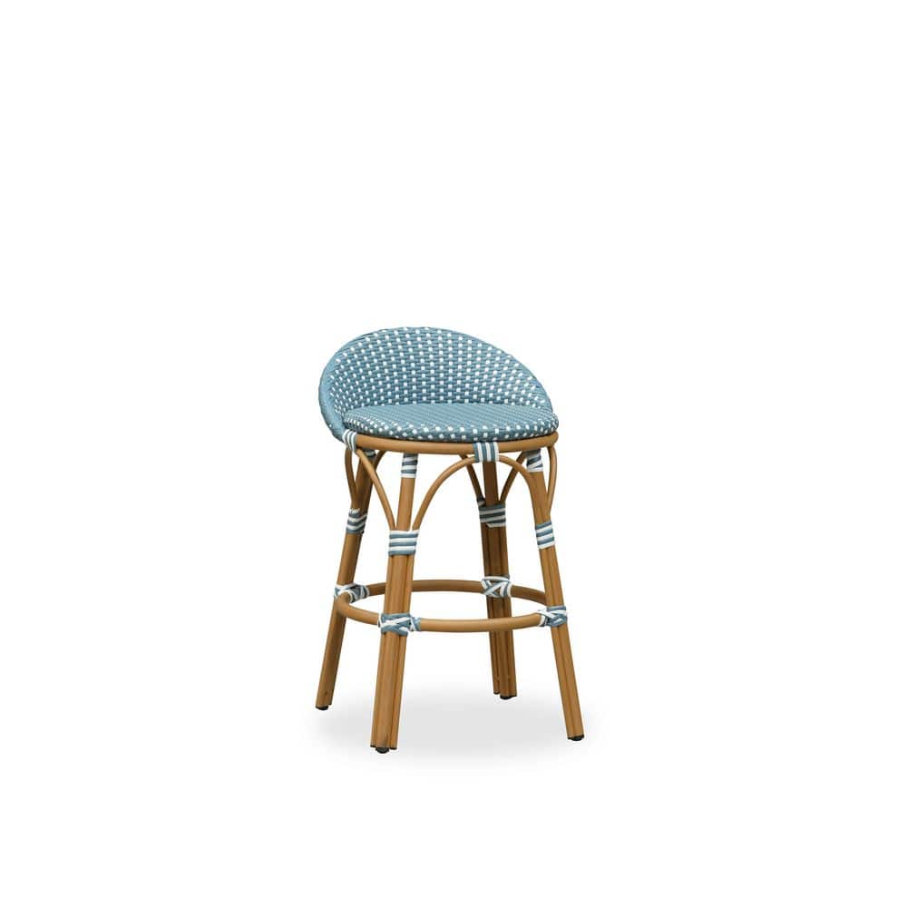 Counter Height Backrest Round Outdoor Bar Stool in Bamboo Finish Aluminum Frame Woven Rattan, Light Blue price history on PriceWatchPro